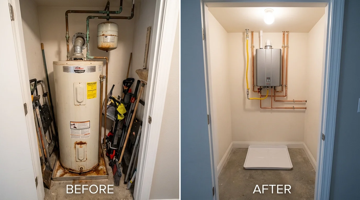 Tank water heater versus wall-mounted tankless unit comparison for Towanda, KS homeowners