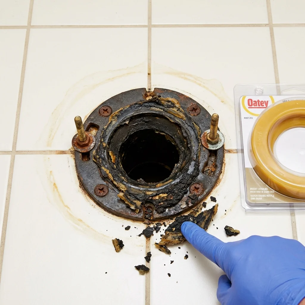 Failed wax ring showing water seepage at the base of a toilet in a Towanda, KS home
