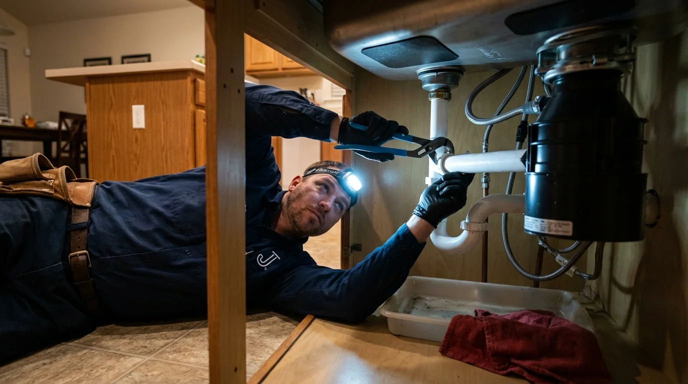 P-trap and supply line connections under a kitchen sink showing a common leak point in Towanda, KS